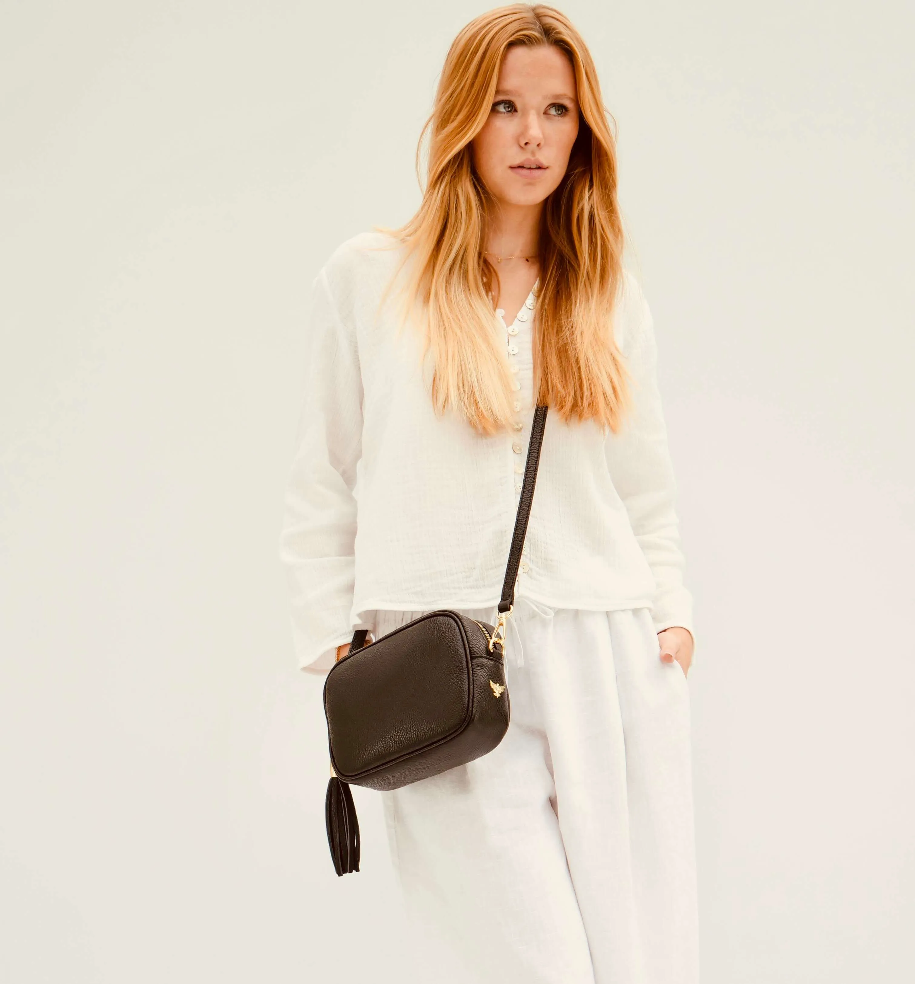 The Tassel Black Leather Crossbody Bag With Black & Stone Maze Strap
