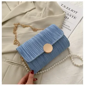 Vintage Solid Color Wrinkled Bag Women Fashion Flap Bag Pearl Chain Shoulder Bag Ladies Trend Handbag for Girls Crossbody Purses